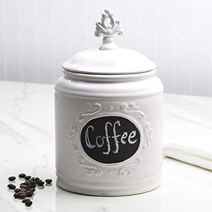 Ceramic White Jar with Lid With Chalkboard With Medallion Finial Lid, Small Canister 84 Oz, Classic Vintage Design for Sugar, Flour, Cookies - Le'raze by G&L Decor Inc