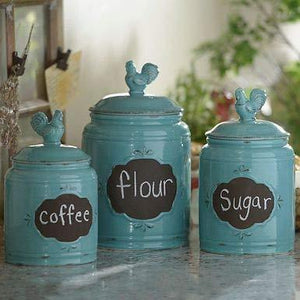 Set of 3 Blue Chalkboard Rooster Canisters – Durable Kitchen Canister Set with Tight Lids for Food Storage and Organization – Ceramic - Le'raze by G&L Decor Inc