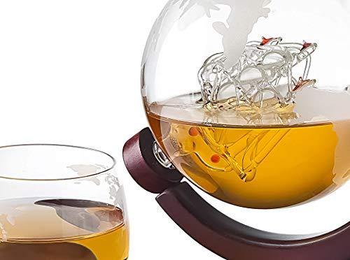 ELEGANT Home Bar Decor 5 pc Whiskey/Wine Globe Decanter Set, World Etched Bottle With 4 Premium Glass Cups On Attractive Mahogany Wood Stand. - THE PERFECT PRESENT - - Le'raze Decor