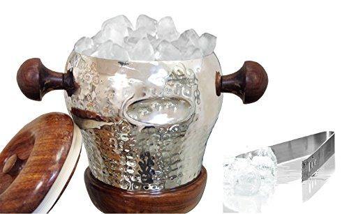 Le'raze Hammered 6-Inch Double Wall Stainless Steel Ice Bucket With Wood Handles and wood cover With Bonus Tongs - Le'raze by G&L Decor Inc