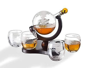 ELEGANT Home Bar Decor 5 pc Whiskey/Wine Globe Decanter Set, World Etched Bottle With 4 Premium Glass Cups On Attractive Mahogany Wood Stand. - THE PERFECT PRESENT - - Le'raze Decor