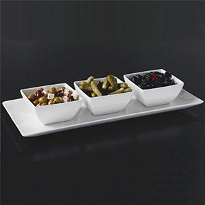 Pure White Porcelain Relish Tray with 3 Mini Dishes Condiment Set Buffet Server with Handles for Dried Fruits, Snacks, Ice Cream, Chips, Desserts - Le'raze by G&L Decor Inc