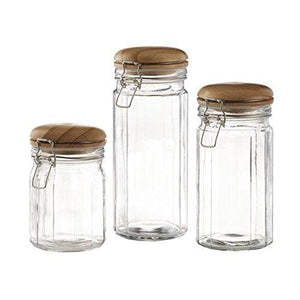 Set of 3 Glass Canister Jars with Trigger Airtight Tight Lids and Wooden Cover for Kitchen Countertop and Bathroom Clear, Round, Food, Cookie, Cracker, Storage Containers - Le'raze by G&L Decor Inc