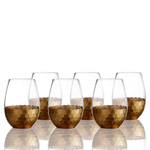 Stemless Wine Glasses - Set of [4] Stemless Goblets with Gold Accent for Red or White Wine - 17-Oz - Le'raze by G&L Decor Inc