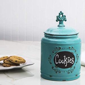 Decorative Ceramic Kitchen Canister, Kitchen Food Jar, Food Storage Container with Medallion Finial Lid - Aqua - Le'raze by G&L Decor Inc