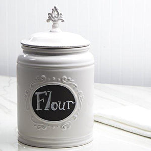 Ceramic White Jar with Lid With Chalkboard With Medallion Finial Lid, Small Canister 84 Oz, Classic Vintage Design for Flour, Sugar, Cookies - Le'raze by G&L Decor Inc