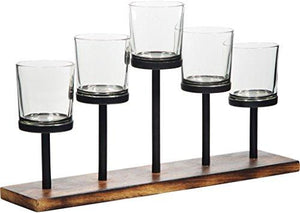 Le'raze Elegant, Decorative Votive Candle Holder Centerpiece, 5 Glass Votive Cups On Wood Base/Tray for Wedding Decoration Dining Table - Le'raze by G&L Decor Inc