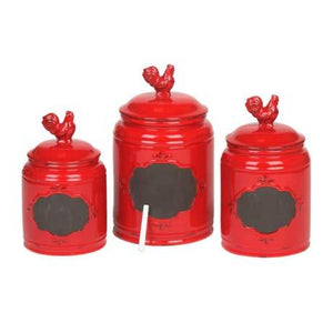 Ceramic Red Canister Set for Kitchen or Bathroom, Food Storage Jars with Rooster Tight Lid and Chalkboard Labels - Set of 3 Cookie and Candy Jars, Storage Containers. - Le'raze by G&L Decor Inc
