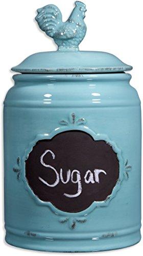 Ceramic Aqua Jar with Lid With Chalkboard With Rooster Finial Lid, Small Canister, Classic Vintage Design for Flour, Sugar, Cookies