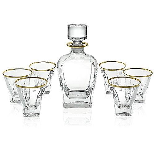 Elegant Manhattan Style Crystal Liquor Whiskey and Wine Decanter Set. Irish Cut 7 Piece Set 1 Decanter. 6 Old Fashioned 6 Oz DOF Glasses with 24k Gold Trim - Le'raze by G&L Decor Inc
