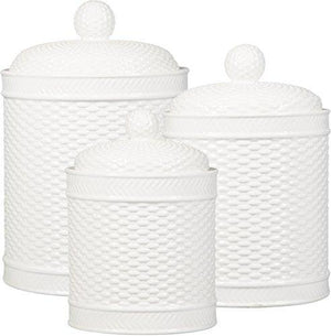Durable Set of Three Square White Ceramic Canisters with Lids ~ for Kitchen or Bathroom, Food, Cookie, Cracker, Storage Containers, EMBOSSED BASKET WEAVE CANISTERS - Le'raze by G&L Decor Inc