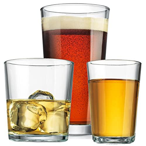 Durable Drinking Glasses [Set of 18] - Glassware Set Includes 6-17oz  Highball Glasses, 6-13oz Rocks Glasses, 6-7oz Juice Glasses | Heavy Base  Glass