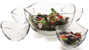 Clear Glass Wavy Salad Bowl, Mixing Bowl, All Purpose Round Serving Bowl Salad/food Glass Bowls, Set of 5, One 10" and Four 5.25" - Le'raze by G&L Decor Inc
