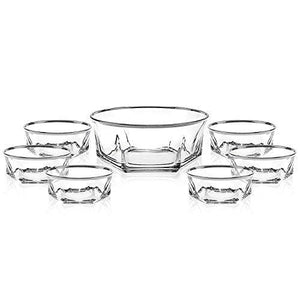 Elegant Luxury Crystal 7 Piece Serving Salad Bowl Set with Silver Trim. 1 Large and 6 Small. Made of Fine Imported Glass. - Le'raze by G&L Decor Inc