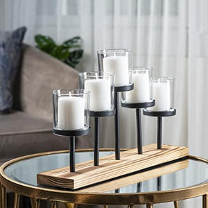 Le'raze Elegant Decorative Votive Candle Holder Centerpiece, 5 Glass Votive Cups On Wood Base/Tray for Wedding, Decoration, Dining Table. - Le'raze by G&L Decor Inc