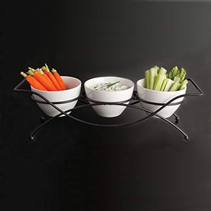 Elegant 4-piece Relish Tray with White Ceramic Bowl. Server Set with Metal Rack, Buffet Server For Appetizers, Candy, Nuts and Dips, - Le'raze by G&L Decor Inc