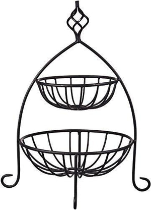 Decorative 2 Tier Fruit Basket, Bread Basket Black Metal Rack, Decorative Kitchen Countertop Two-Tier Wrought-Iron Fruit Basket Display - Le'raze by G&L Decor Inc