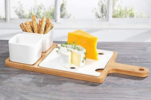 Bamboo Cheese Board Set, Wood Paddle Serving Board with Two Square Serving Bowls︱Wood Serving Tray For Bread and Cheese - Le'raze by G&L Decor Inc