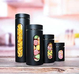 Quality Modern Black Stainless Steel Canister Set for Kitchen Counter with Glass Window & Airtight Lid - Food Storage Containers with Lids Airtight - Pantry Storage and Organization Set - Le'raze by G&L Decor Inc