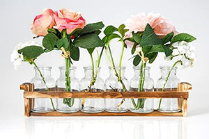 Beautiful Glass Flower Vase with Wooden Plant Stand & 6 Bud Vases, Decorative Glass Bottles for Home Décor, Dining Table Centerpiece, Wedding, Bridal Shower, Events - Vintage Medicine Bottles. - Le'raze by G&L Decor Inc