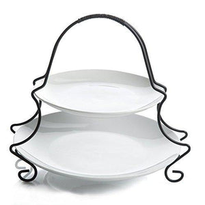 2 Tier Round Serving Platter- Tiered Cake Tray Stand- Food Server Display Plate, White Ceramic Plates With Metal Rack For Finger Food, Appetizers, Treats, Elegant Cake Display Ideal For Every Party - Le'raze by G&L Decor Inc