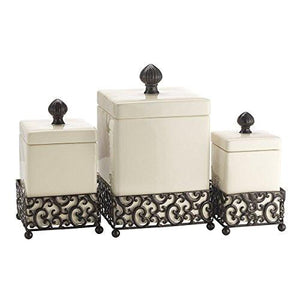 Durable Set of Three (3) Square Off White Ceramic with Pressed Metal Canisters with Lids ~ Storage & Home Decor Apothecary Jars Centerpiece, - Le'raze by G&L Decor Inc