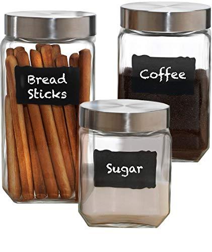Glass Canister Set with Stainless Steel Lids, 3-piece Assorted Airtight Containers with Chalkboard And Chalk, Elegant Food Storage and Organizer Set - Le'raze by G&L Decor Inc