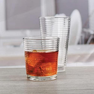 Le'raze Set of 8 Heavy Base Ribbed Durable Drinking Glasses Includes 4 Cooler Glasses (17oz) and 4 Rocks Glasses (13oz), Clear Glass Cups - Elegant Glassware Set