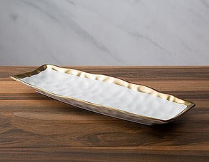 White Porcelain Oblong Tray with Gold Rim - Le'raze by G&L Decor Inc