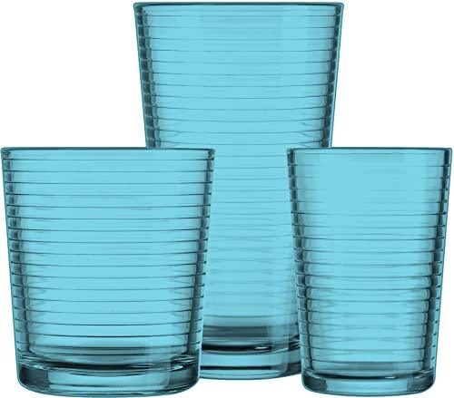 Coastal Color Everyday Drinking Glasses Set of 12 Drinkware Kitchen Glasses for Cocktail, Ice Coffee, Beer, Iced Tea, Wine, Whiskey, Water - Tall Highball Glass Cups, Juice Glasses, dof Drinking Glass - Le'raze by G&L Decor Inc