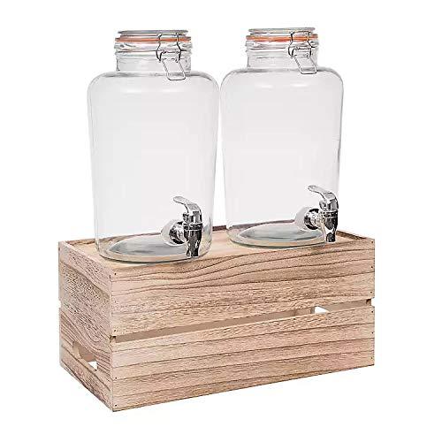 Outdoor Glass Beverage Dispenser + Wooden Base - 100% Leak Proof - Wide Mouth Easy Filling - Fun Party Glassware for Water, Iced Tea, Punch, Cold Drinks, 2-1 Gallon Mason Jars - Le'raze by G&L Decor Inc