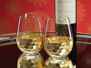 Stemless Wine Glasses - Set of [4] Stemless Goblets with Gold Accent for Red or White Wine - 17-Oz - Le'raze Decor