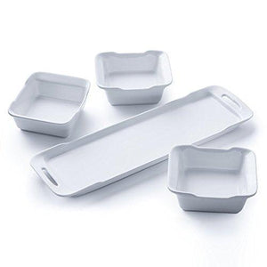 Pure White Porcelain Relish Tray with 3 Mini Dishes Condiment Set Buffet Server with Handles for Dried Fruits, Snacks, Ice Cream, Chips, Desserts - Le'raze by G&L Decor Inc