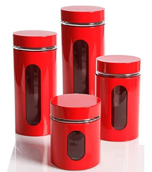 Quality Modern Red Stainless Steel Canister Set for Kitchen Counter with Glass Window & Airtight Lid - Food Storage Containers with Lids Airtight - Pantry Storage and Organization Set - Le'raze by G&L Decor Inc