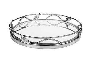 Round Mirror Tray With Nickel Leaf Design - Elegant Serving Tray - Round Mirror Vanity Tray - Le'raze by G&L Decor Inc