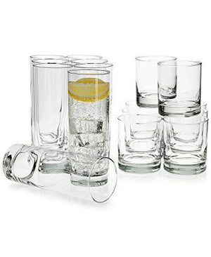 Elegant Drinking Glasses Set of 16, Heavy Base Durable Glass Cups - 8 Cooler Glasses (16oz) and 8 DOF Glasses (10oz), 16-piece Glassware Set - Le'raze by G&L Decor Inc