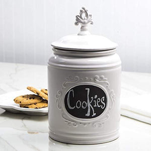 Ceramic White Jar with Lid With Chalkboard With Medallion Finial Lid, Small Canister 84 Oz, Classic Vintage Design for Sugar, Flour, Cookies - Le'raze by G&L Decor Inc
