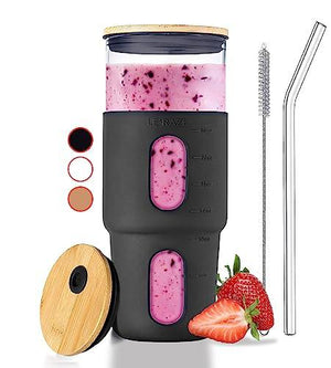 32oz Glass Tumbler with Straw & Bamboo Lid with Silicone Sleeve, Reusable Boba Smoothie Cup Iced Coffee Tumbler, Fits Cup Holder, Glass Water Bottle, BPA Free, Beer Mug & Stein Black - Le'raze by G&L Decor Inc