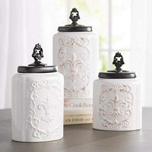 Ceramic Kitchen Canisters | Set of 3 Food STORAGE JARS with Air Tight Stainless Steel Lids for Kitchen or Bathroom | Decorative Ceramic Canister Set - Le'raze by G&L Decor Inc