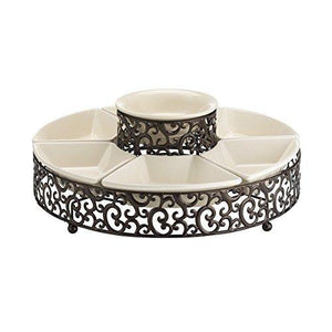 Elegant 7-Piece Section Relish Dish Server, Ceramic and Pressed Metal, Ideal for Appetizers, Salad, Party Bowl, Serving, Chip and Dip Set. - Le'raze by G&L Decor Inc