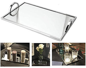 Elegant Silver Mirror Tray with Chrome Edging & Handles - Rectangle Vanity Tray 16” x 10” - Le'raze by G&L Decor Inc