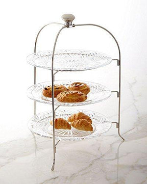 3 Tier Round Serving Platter, Three Tiered Cake Tray Stand, Food Server Display Plate Rack, Crystal Clear, with Silver Stand, Dessert Server Stand/Cupcake Tower/Appetizer Serving Tray - Le'raze Decor
