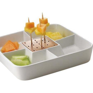Food Server Display Plate Multi Sectional Compartment Serving Tray. Square Appetizer and Snack Serving Tray with Bamboo Toothpick Holder,Color White. - Le'raze by G&L Decor Inc