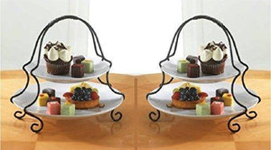 2 Tier Round Serving Platter- Tiered Cake Tray Stand- Food Server Display Plate, White Ceramic Plates With Metal Rack For Finger Food, Appetizers, Treats, Elegant Cake Display Ideal For Every Party - Le'raze Decor