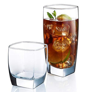 Set of 16 Square Heavy Base Durable Drinking Glasses Includes 8 Cooler Glasses(16oz) and 8 Rocks Glasses(10oz), 16-piece Elegant Glassware Set - Le'raze by G&L Decor Inc