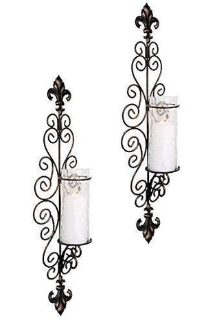 Set of Two Decorative Bronze Metal Wall Sconce and Crackle Finished Hurricane Candle Holders, Wall Lighting – Perfect for A Living Room – Dining Room Or Entry Way - Le'raze Decor