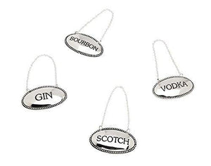 Whiskey Decanter Tags (Set of 4) Silver Liquor Decanter Labels - Bourbon, Scotch, Gin, Vodka – Oval Liquor Bottle Tags with Chain - Le'raze by G&L Decor Inc
