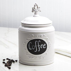 Ceramic White Jar with Lid With Chalkboard With Medallion Finial Lid, Small Canister 84 Oz, Classic Vintage Design for Flour, Sugar, Cookies - Le'raze by G&L Decor Inc