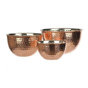 Set Of 3 Copper Hammered Mixing Bowls With Stainless Steel Interior Finish Nesting Bowls, Chef Cookware Set, - Le'raze by G&L Decor Inc