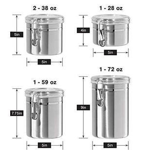 Beautiful 5-Piece Stainless Steel Airtight Canister Set, Food Storage Container & Caddy for Kitchen Counter with Clear Acrylic Lid n' Locking Clamp - Le'raze by G&L Decor Inc